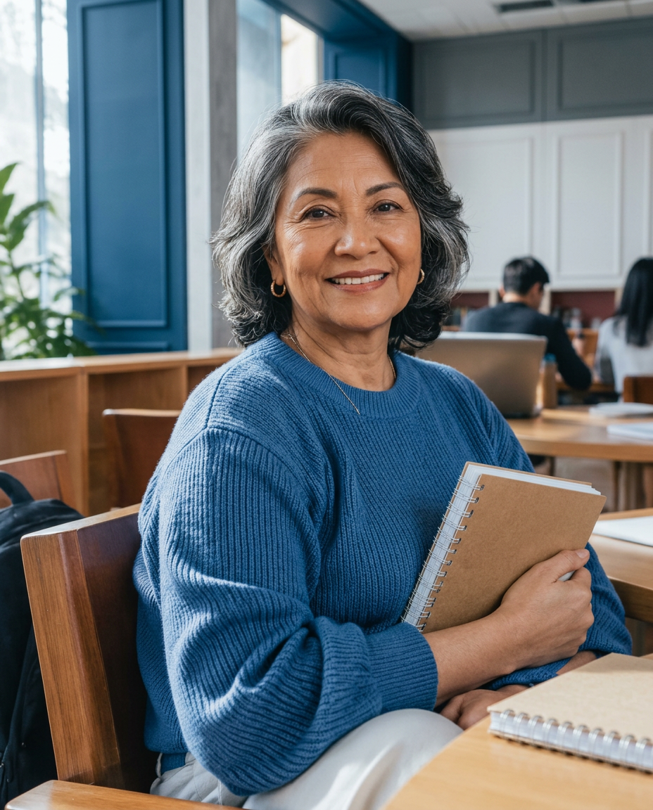 Aluna adulta em espaço de estudo do campus